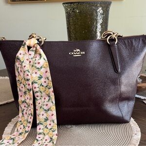 Coach Burgundy Leather Tote with Floral Scarf Accent